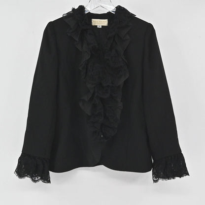 Lynn's Closet Boutique Nina Raynor black blazer featuring a ruffled lace front placket and lace-trimmed cuffs.