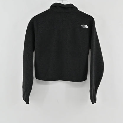 Back view of a black Lynn's Closet Boutique The North Face cropped quarter-zip fleece with white logo embroidery.