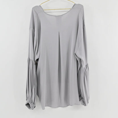 Lynn's Closet Boutique greige silk blouse with voluminous balloon sleeves and a back pleat detail hanging on a hanger.