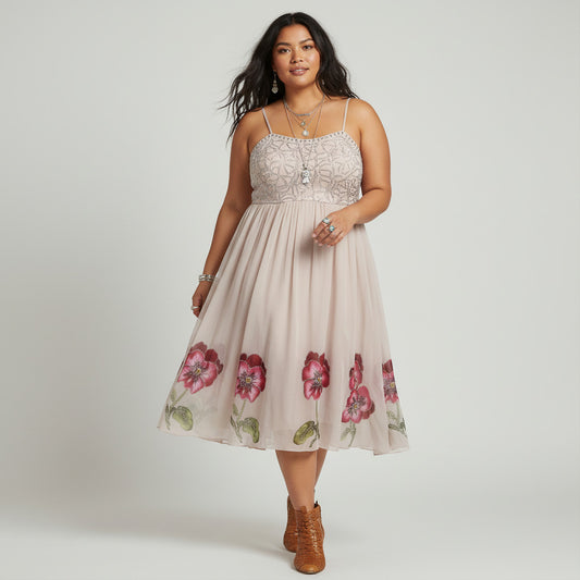 Lynn's Closet Boutique nude floral dress with beaded bodice and spaghetti straps, size XXL.