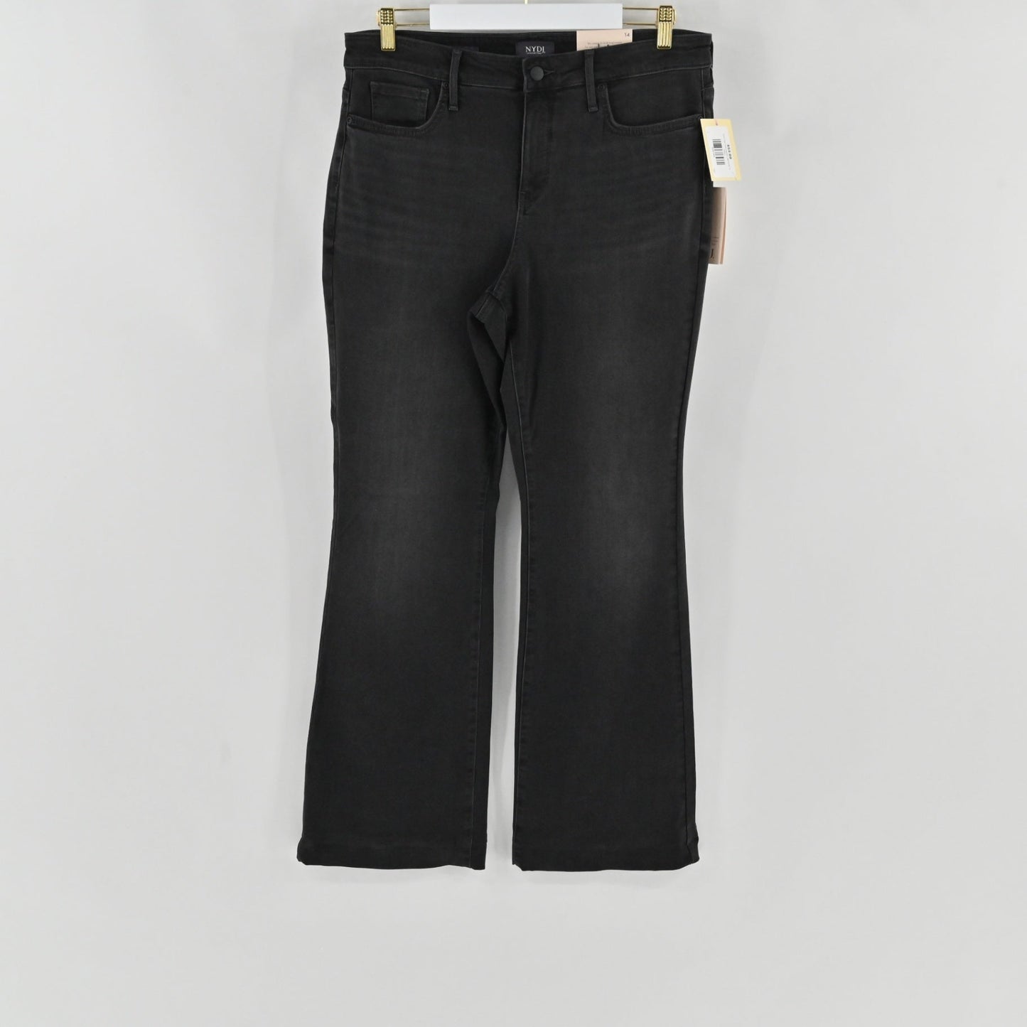 Lynn's Closet Boutique NYDJ Ava flare jeans in charcoal denim with a five-pocket design and zip-fly closure.