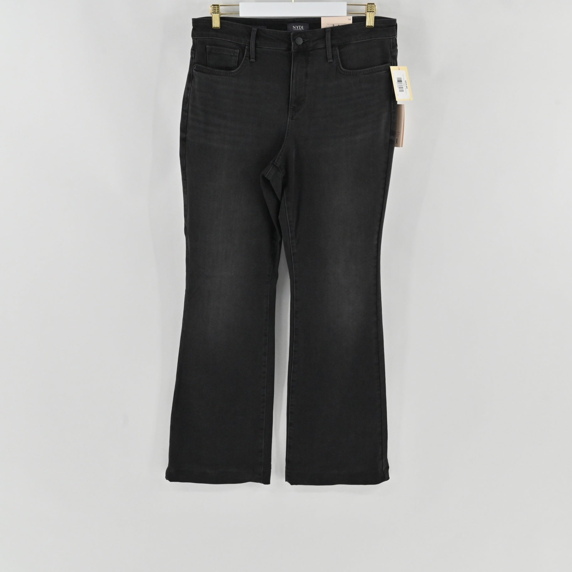 Lynn's Closet Boutique NYDJ Ava flare jeans in charcoal denim with a five-pocket design and zip-fly closure.