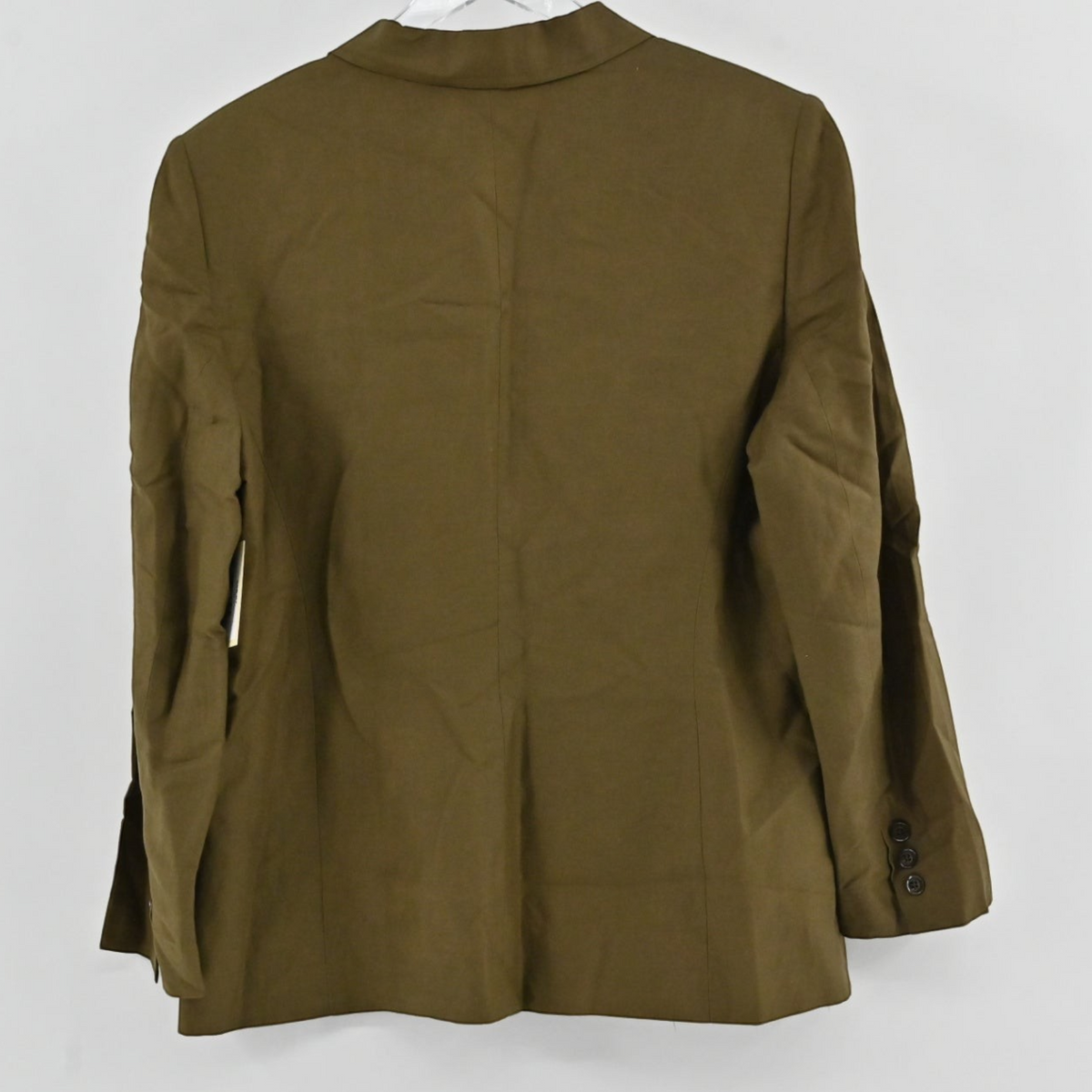 Back view of a Kasper olive green structured blazer from Lynn's Closet Boutique with button cuffs