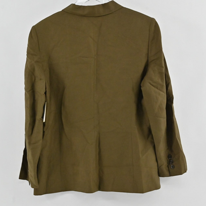 Back view of a Kasper olive green structured blazer from Lynn's Closet Boutique with button cuffs