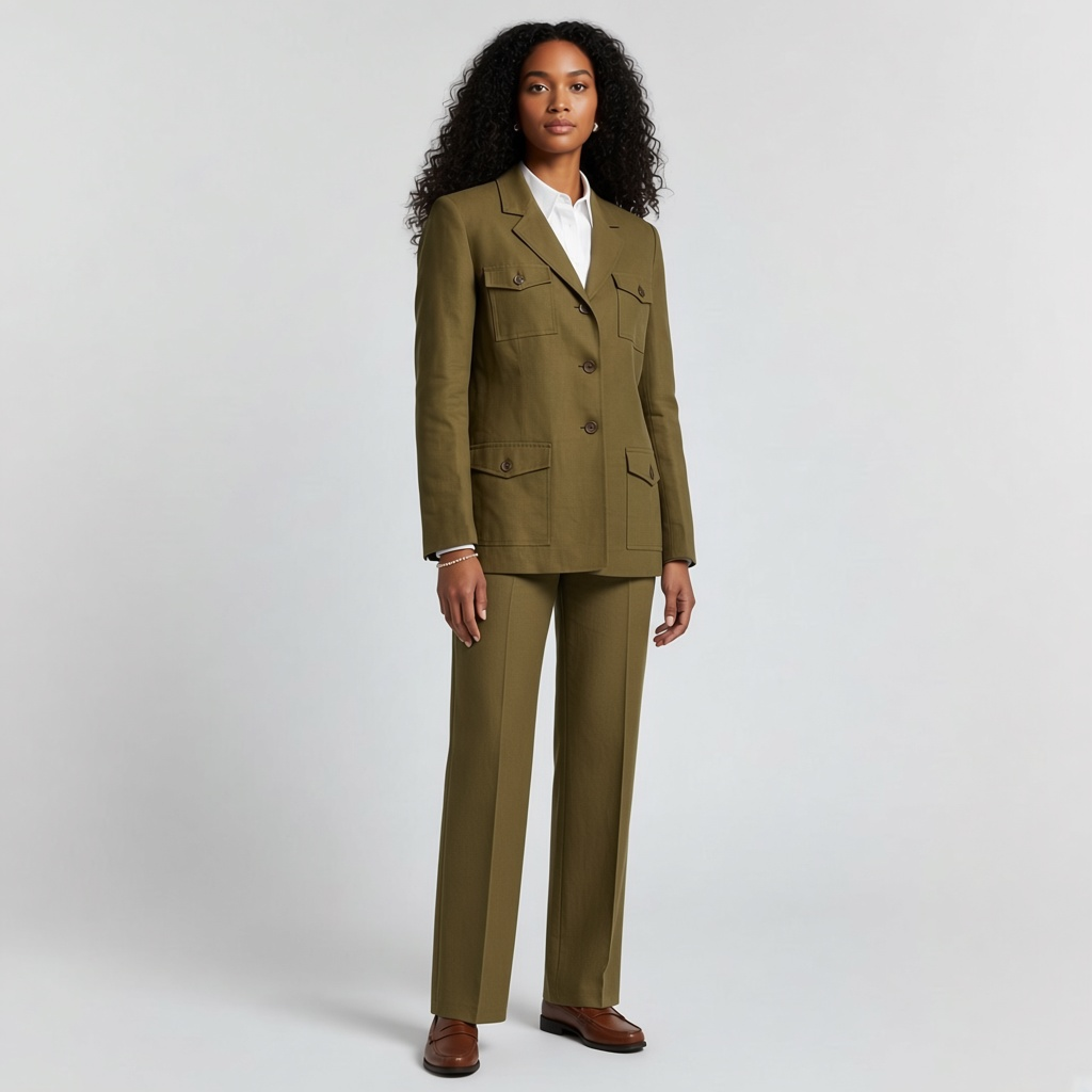 Lynn's Closet Boutique Kasper olive green 2-piece suit with utility blazer and tailored trousers on a model