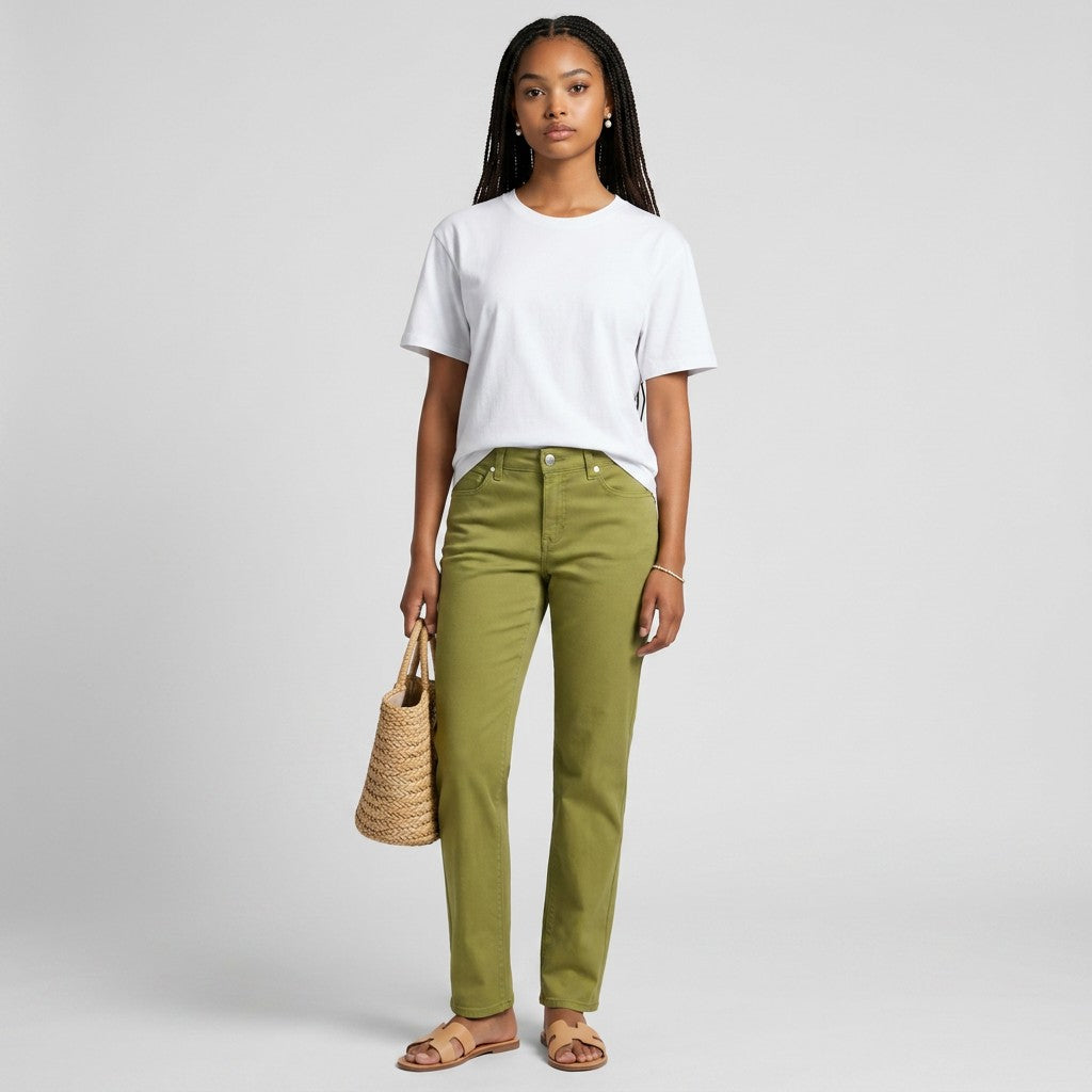 Model wearing Lynn's Closet Boutique Agnona olive green straight leg pants with a white t-shirt and straw bag