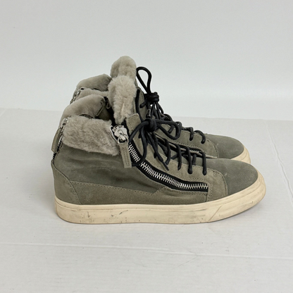 Lynn's Closet Boutique olive green suede high-top sneakers with fur-lined collar and signature side zippers.