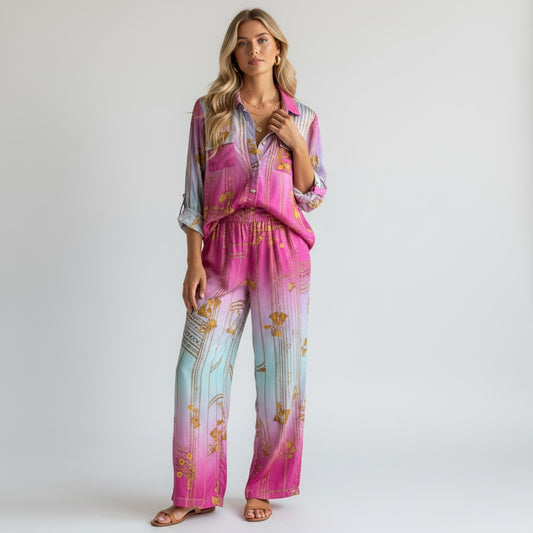 Lynn's Closet Boutique Bognar Blu Ombre Chain 2 Piece Set XL. Pink, blue, and purple gradient silky shirt and wide-leg pants with gold chain and tassel print.