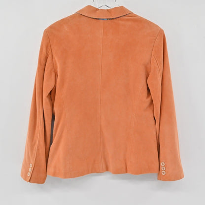 Lynn's Closet Boutique Peter Millar orange suede leather blazer, back view showing tailored fit and buttoned cuffs.