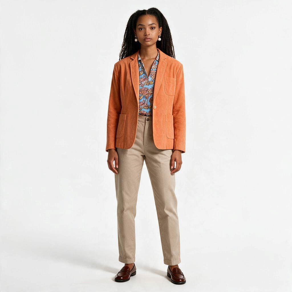 Lynn's Closet Boutique Peter Millar orange suede leather blazer worn by a model with beige trousers and loafers