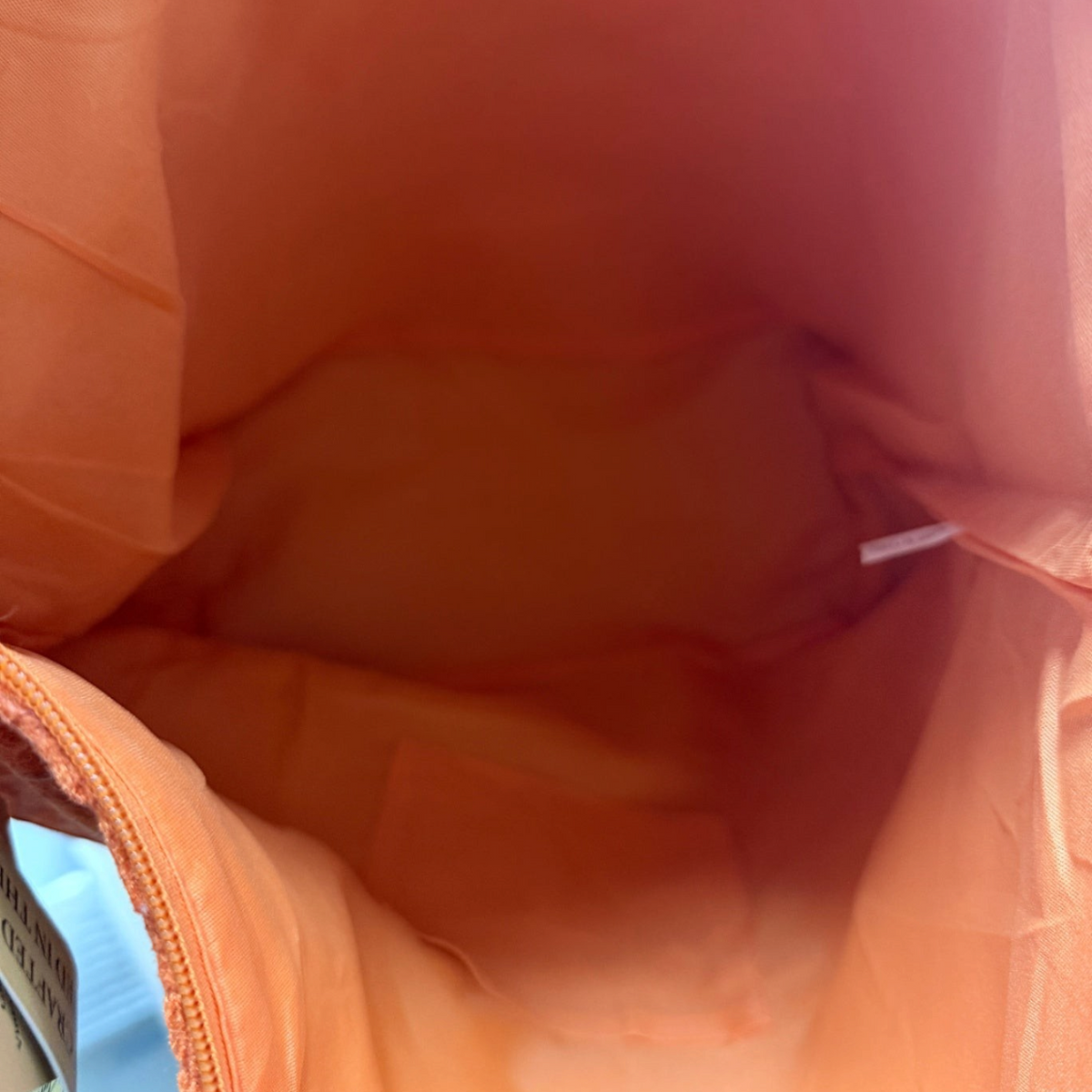 Interior view of the Lynn's Closet Boutique Terri Kay orange velvet tote bag showing the spacious fabric lining