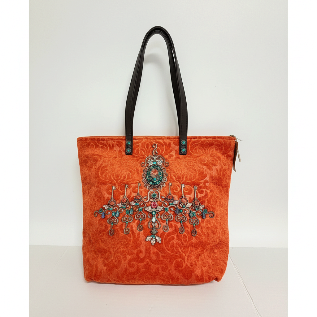 Lynn's Closet Boutique Terri Kay orange velvet tote with embossed damask, crystal embellishments, and turquoise stones.