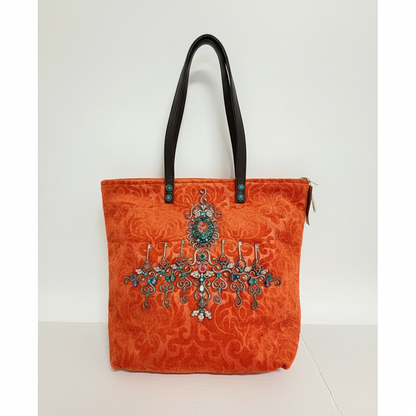 Lynn's Closet Boutique Terri Kay orange velvet tote with embossed damask, crystal embellishments, and turquoise stones.