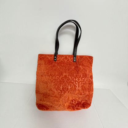 Lynn's Closet Boutique Terri Kay orange velvet tote bag with embossed damask pattern and dark shoulder straps