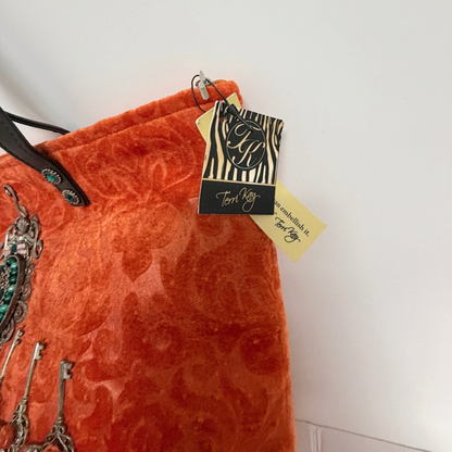 Lynn's Closet Boutique Terri Kay orange velvet tote with embossed damask pattern and jewelry-inspired embellishments