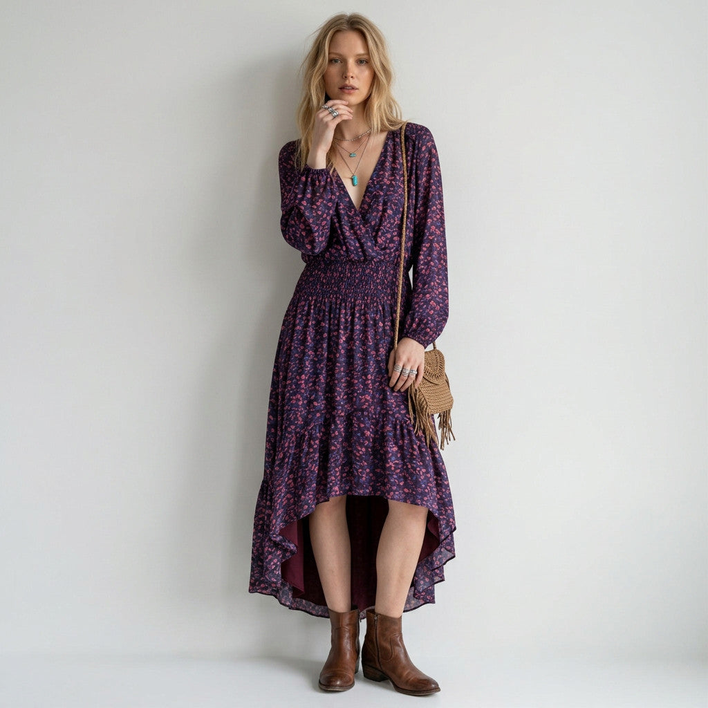 Lynn's Closet Boutique Parker abstract print midi dress with long sleeves, v-neck, and high-low hem on a blonde model