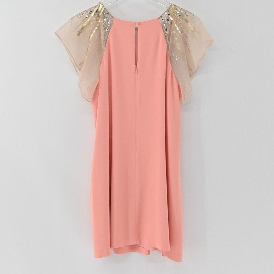Lynn's Closet Boutique peach shift dress with sheer flutter sleeves and metallic beaded shoulders, back view.