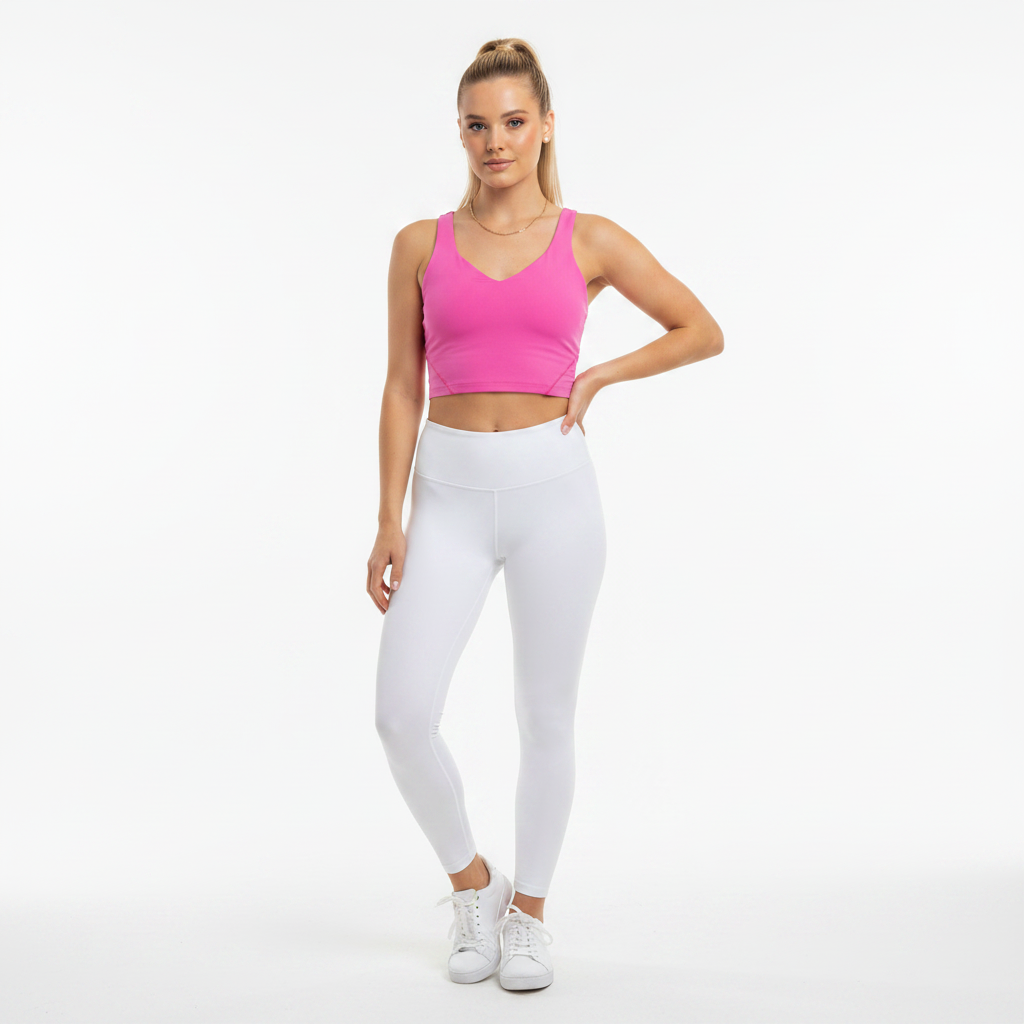 Model wearing a pink Lululemon Align tank top and white leggings from Lynn's Closet Boutique