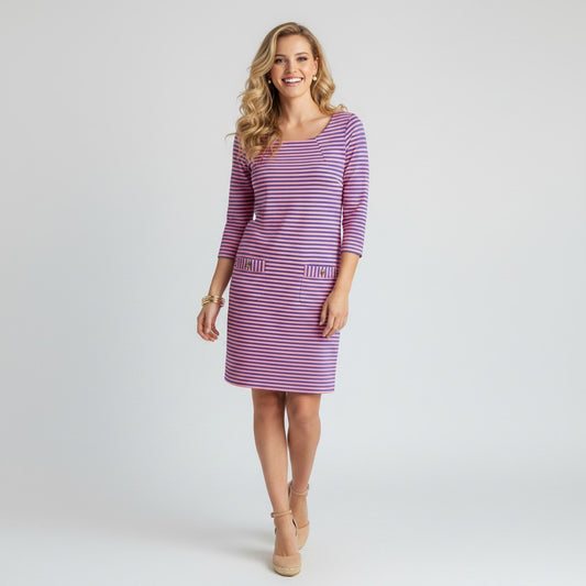 Lynn's Closet Boutique pink and blue striped long sleeve shift dress with gold button pockets and zipper closure, size L.