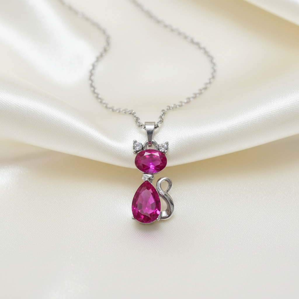 Lynn's Closet Boutique cat pendant necklace featuring bright pink zirconia stones on a fine sterling silver chain.