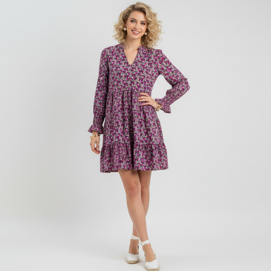 Model wearing a Lynn's Closet Boutique Jude Connally pink floral mini dress with tiered skirt and ruffled long sleeves