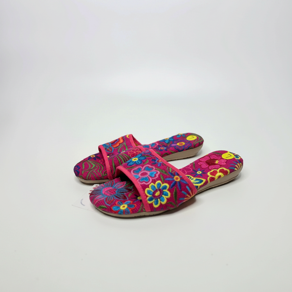 Lynn's Closet Boutique FreeDazz pink fabric slides with vibrant multi-colored floral embroidery and cushioned footbed