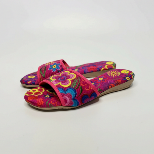Lynn's Closet Boutique FreeDazz pink fabric slides featuring vibrant multi-colored floral embroidery and textured soles