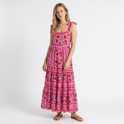 Lynn's Closet Boutique Beach Riot Charlotte pink floral maxi dress with tie straps and tiered skirt