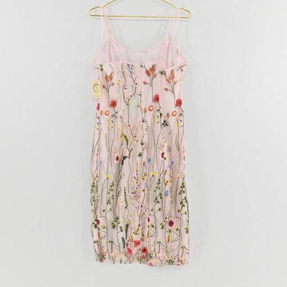 Lynn's Closet Boutique Sam Edelman pink midi dress with colorful floral embroidery, spaghetti straps, and side slit.