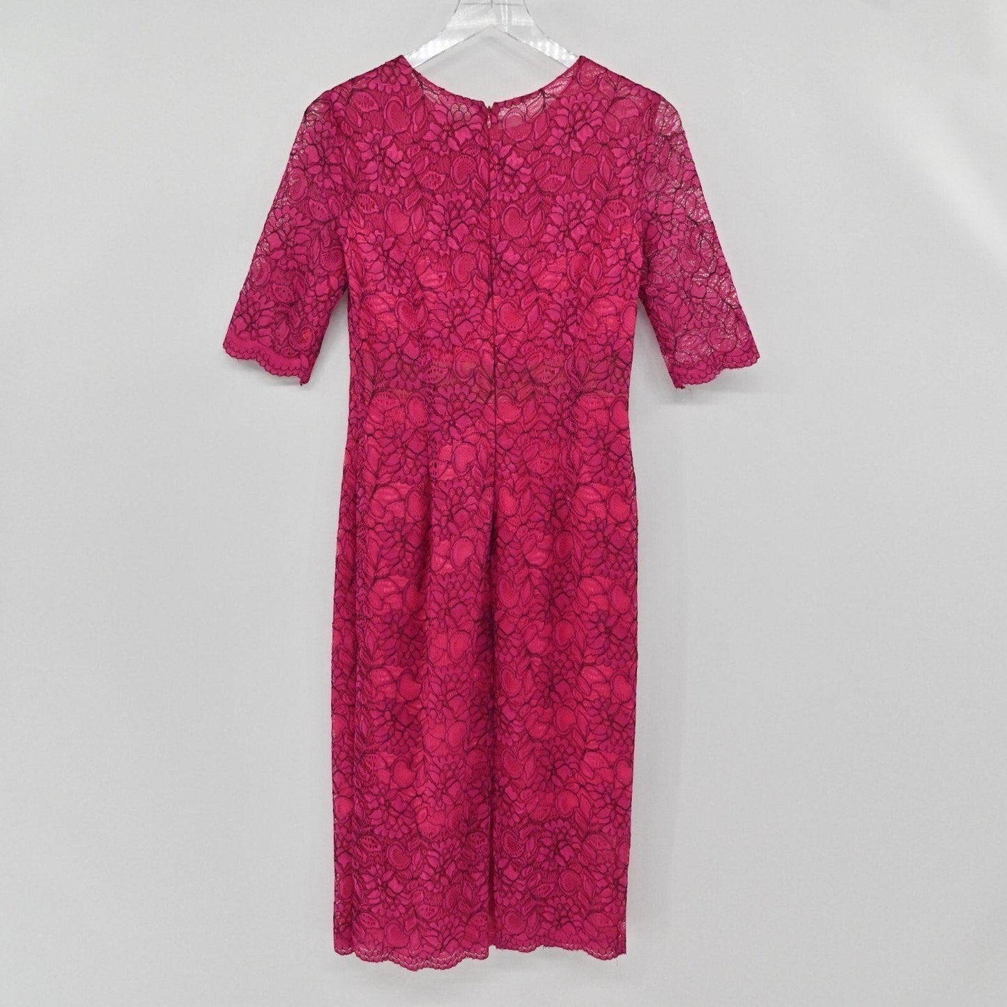 Lynn's Closet Boutique Monique Lhuillier fuchsia pink floral lace sheath dress with elbow-length sleeves, back view.