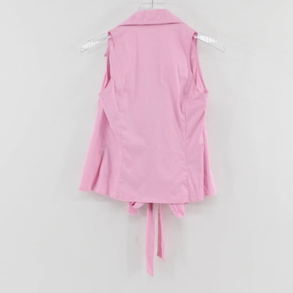 Lynn's Closet Boutique vintage Y2K pink sleeveless wrap top with a collared neckline and tie waist, back view.