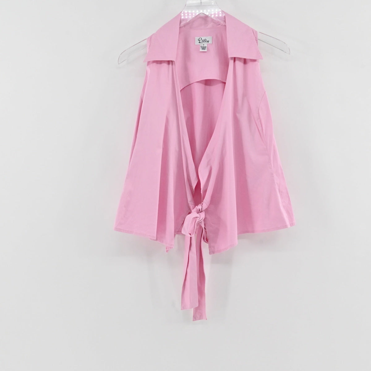 Lynn's Closet Boutique vintage Y2K Lilly Pulitzer pink sleeveless wrap top with a collared neckline and tie waist.