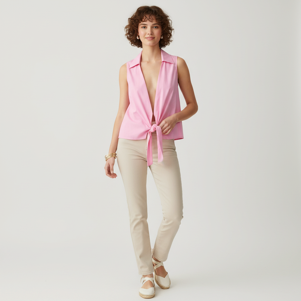 Model wearing a Lynn's Closet Boutique vintage pink sleeveless wrap top with a collar and tie-front detail.