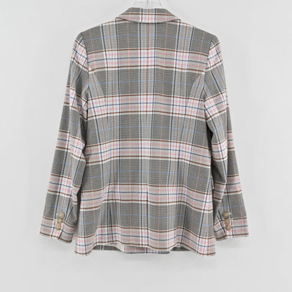 Lynn's Closet Boutique Halogen double-breasted plaid blazer in white, black, brown, and pink, back view.