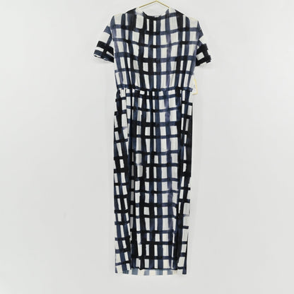 Lynn's Closet Boutique Bitte Kai Rand navy and white grid pleated midi dress with short sleeves and side pockets