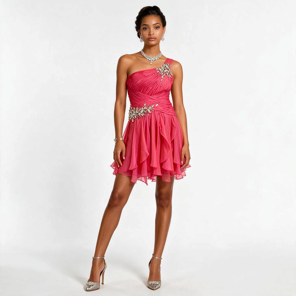 Lynn's Closet Boutique pomegranate one-shoulder chiffon cocktail dress with beaded waist and shoulder detail