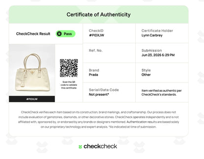 Lynn's Closet Boutique certificate of authenticity for a white Prada Galleria Saffiano leather medium handbag