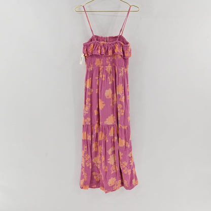 Lynn's Closet Boutique Z Supply purple midi dress with orange floral print, smocked bodice, and ruffled neckline.