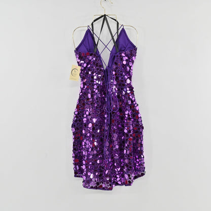 Lynn's Closet Boutique purple mini dress with reflective mirror sequins, spaghetti straps, and lace-up back detail.