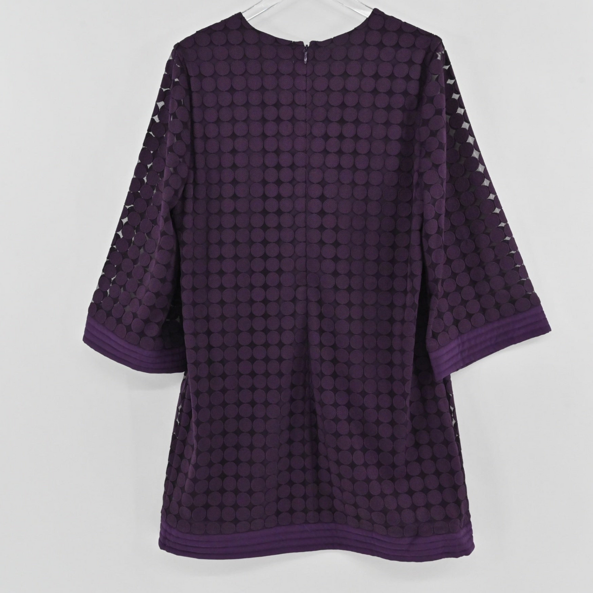 Lynn's Closet Boutique Trina Turk purple mini dress with geometric circle pattern and three-quarter sleeves