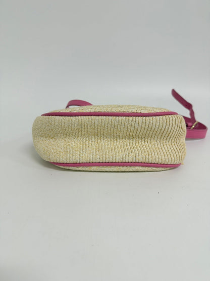 Lynn's Closet Boutique Talbots raffia crossbody bag in natural straw with vibrant pink trim, bottom view
