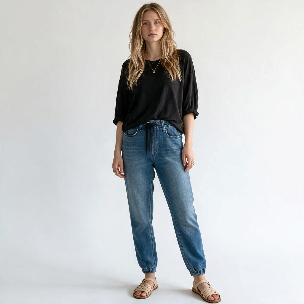 Model wearing Lynn's Closet Boutique Rag & Bone medium-wash denim joggers with elastic waistband and cuffs