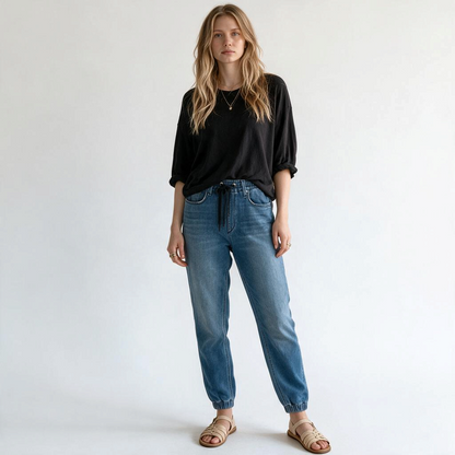 Model wearing Lynn's Closet Boutique Rag & Bone medium-wash denim joggers with elastic waistband and cuffs