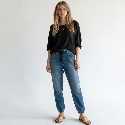 Model wearing Lynn's Closet Boutique Rag & Bone medium-wash denim joggers with elastic waistband and cuffs