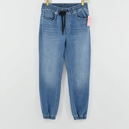 Lynn's Closet Boutique Rag & Bone medium-wash blue denim joggers with elastic waistband, drawstring, and cuffed ankles.