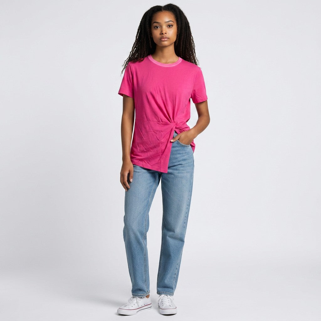 Model wearing a fuchsia Rag & Bone short-sleeve top with a side-knot detail from Lynn's Closet Boutique