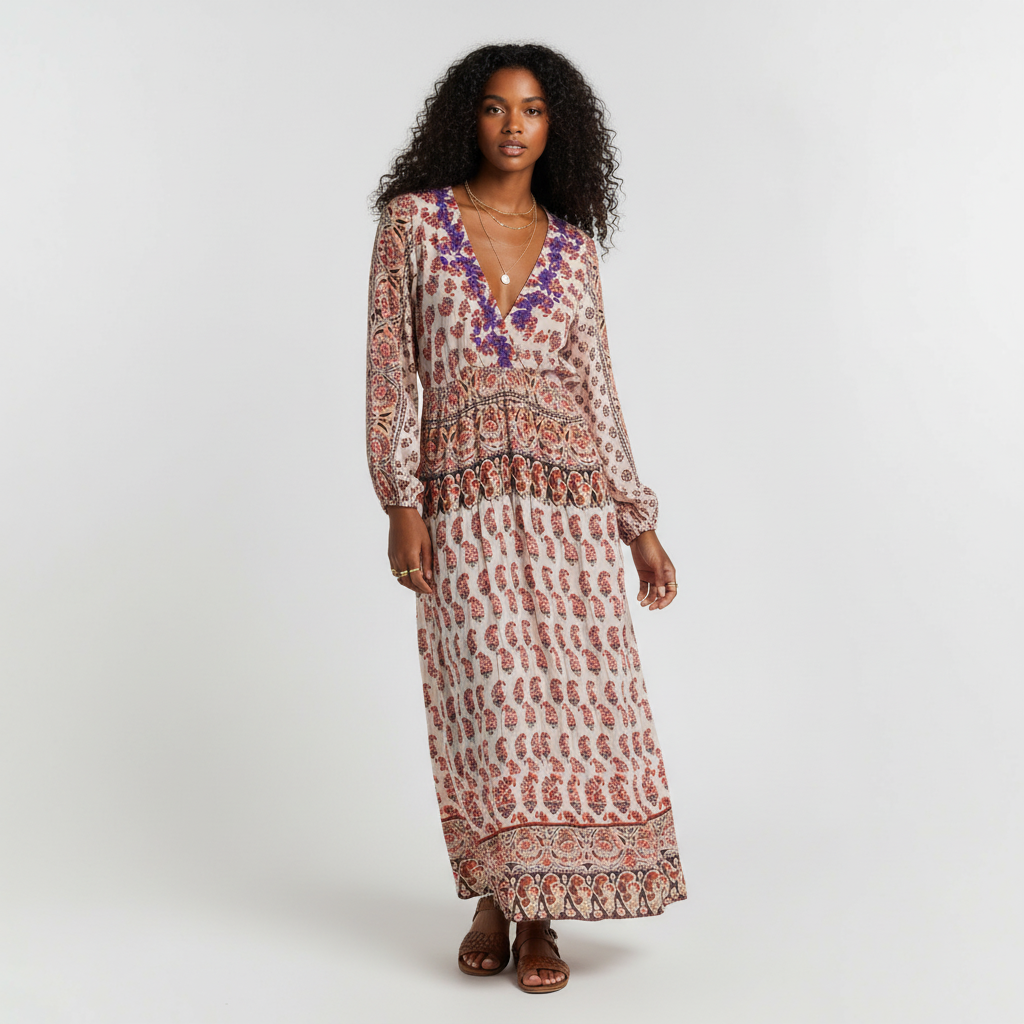 Model wearing a Lynn's Closet Boutique Anthropologie Raga bohemian maxi dress with earthy print and purple embroidery.