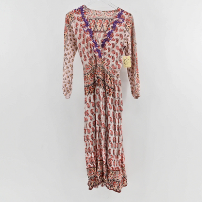 Lynn's Closet Boutique Anthropologie Raga bohemian maxi dress with peach and rust print and purple embroidery