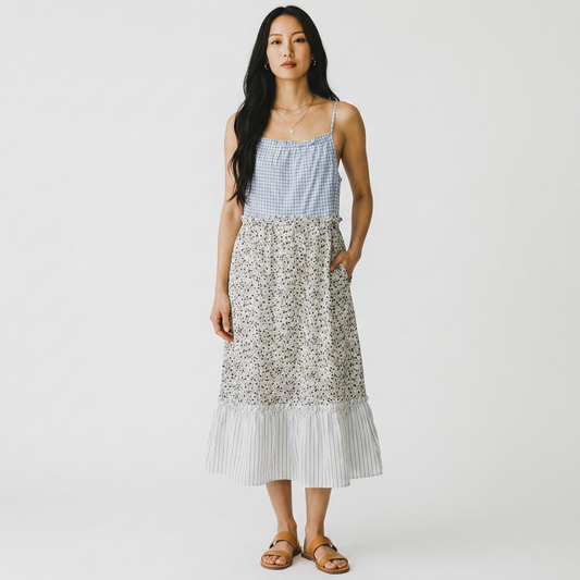 Lynn's Closet Boutique Rails Dora midi dress with blue gingham bodice, floral mid-section, and striped ruffled hem.