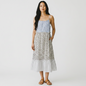 Lynn's Closet Boutique Rails Dora midi dress with blue gingham bodice, floral mid-section, and striped ruffled hem.